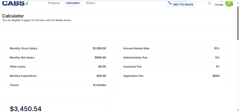 CABS calculator showing earnings, fees and available credit information