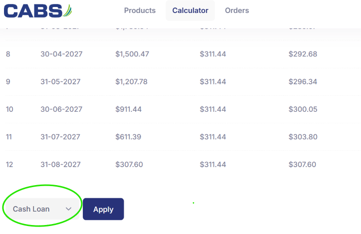 CABS loan-type dropdown next to the Apply button