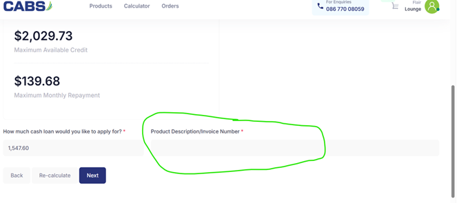CABS form showing loan amount and Product Description or Invoice Number field